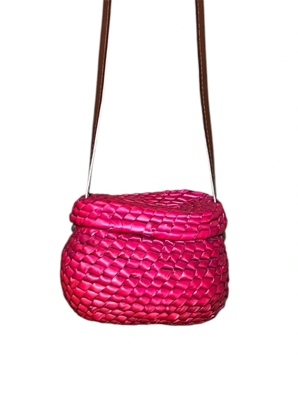 Handwoven Pink & Green Floral Crossbody Basket Bag